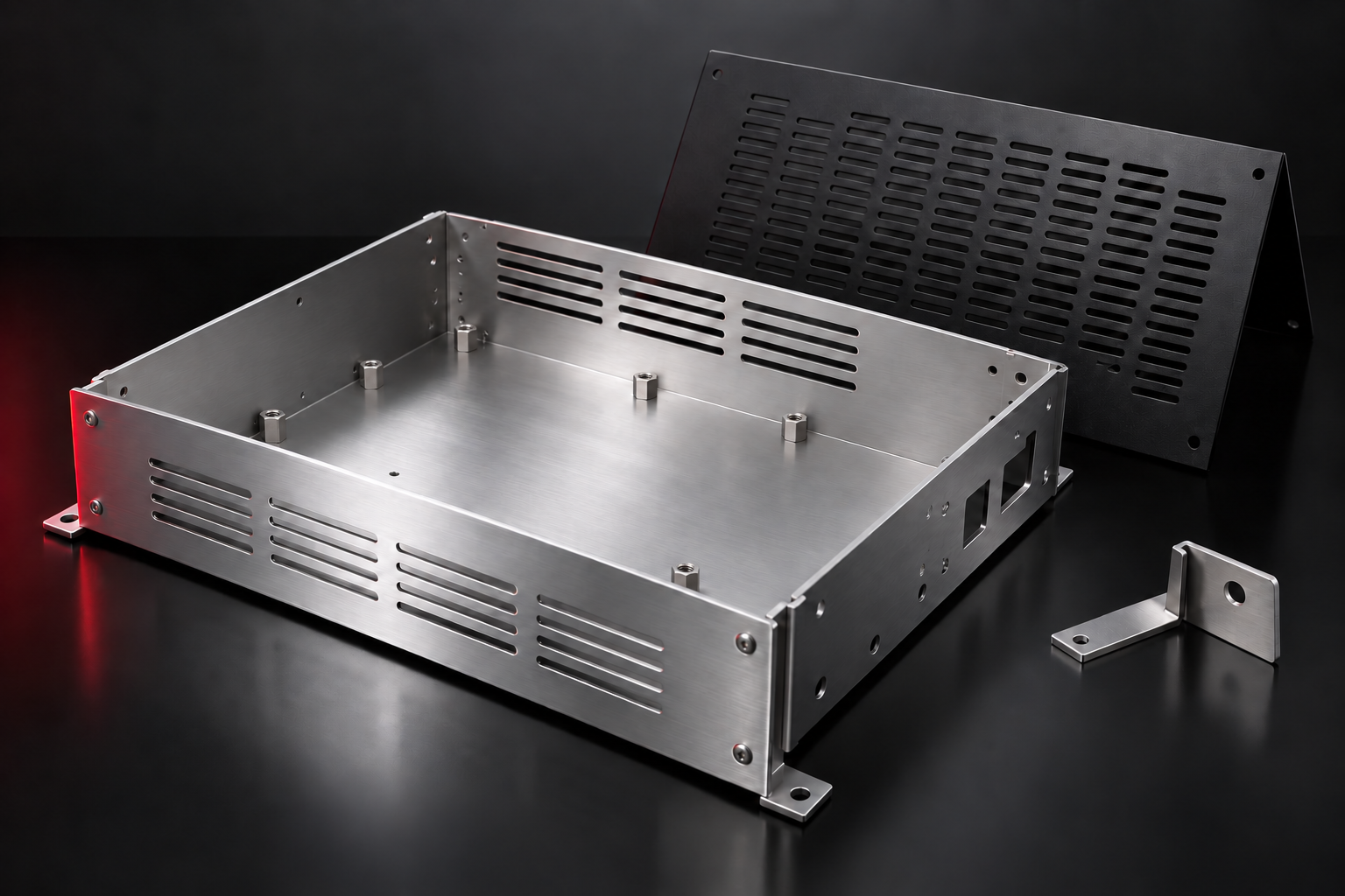 Concept view of a brushed-metal chassis, black ventilated cover and formed bracket