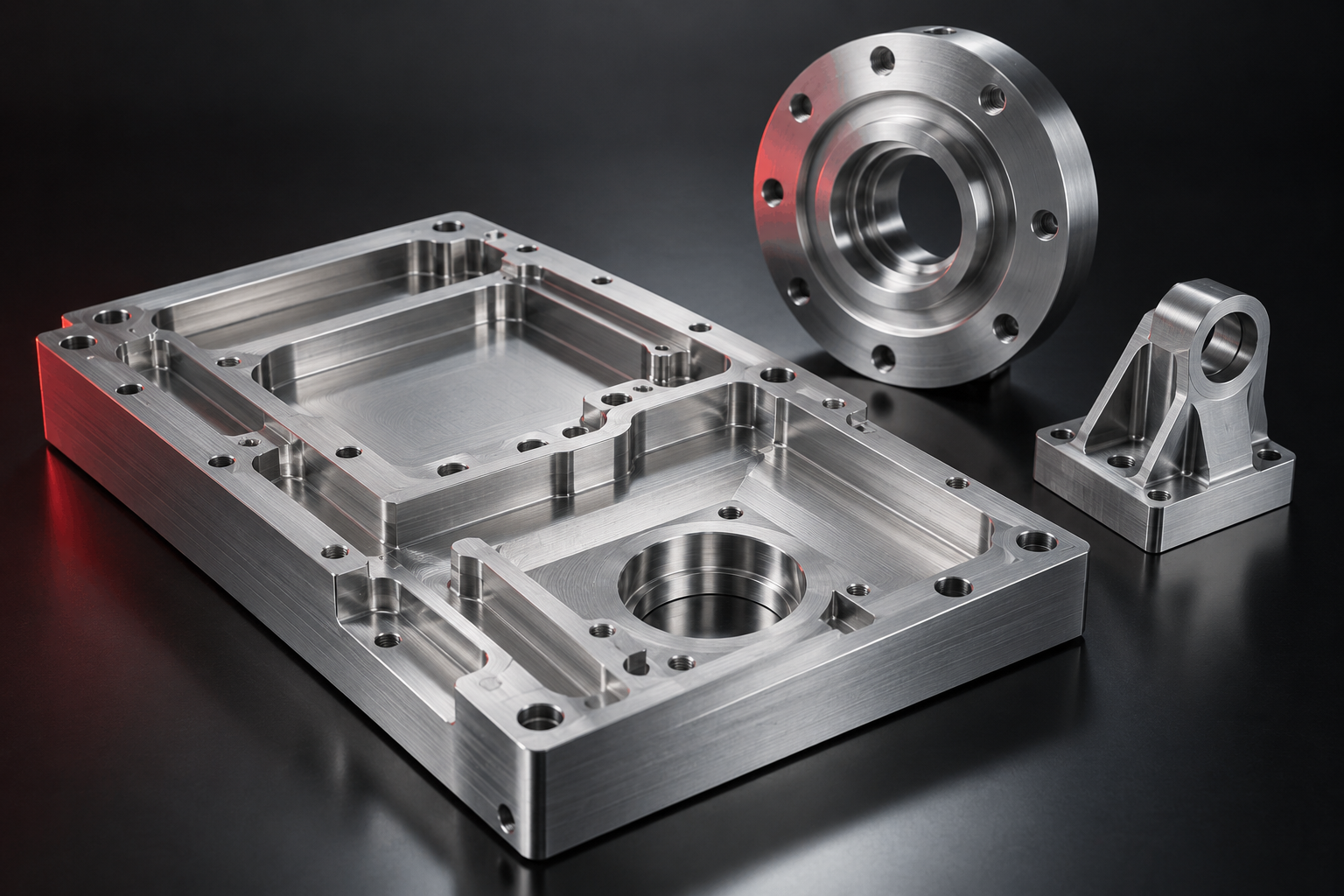 Concept view of a pocketed CNC-machined baseplate, circular flange and support block