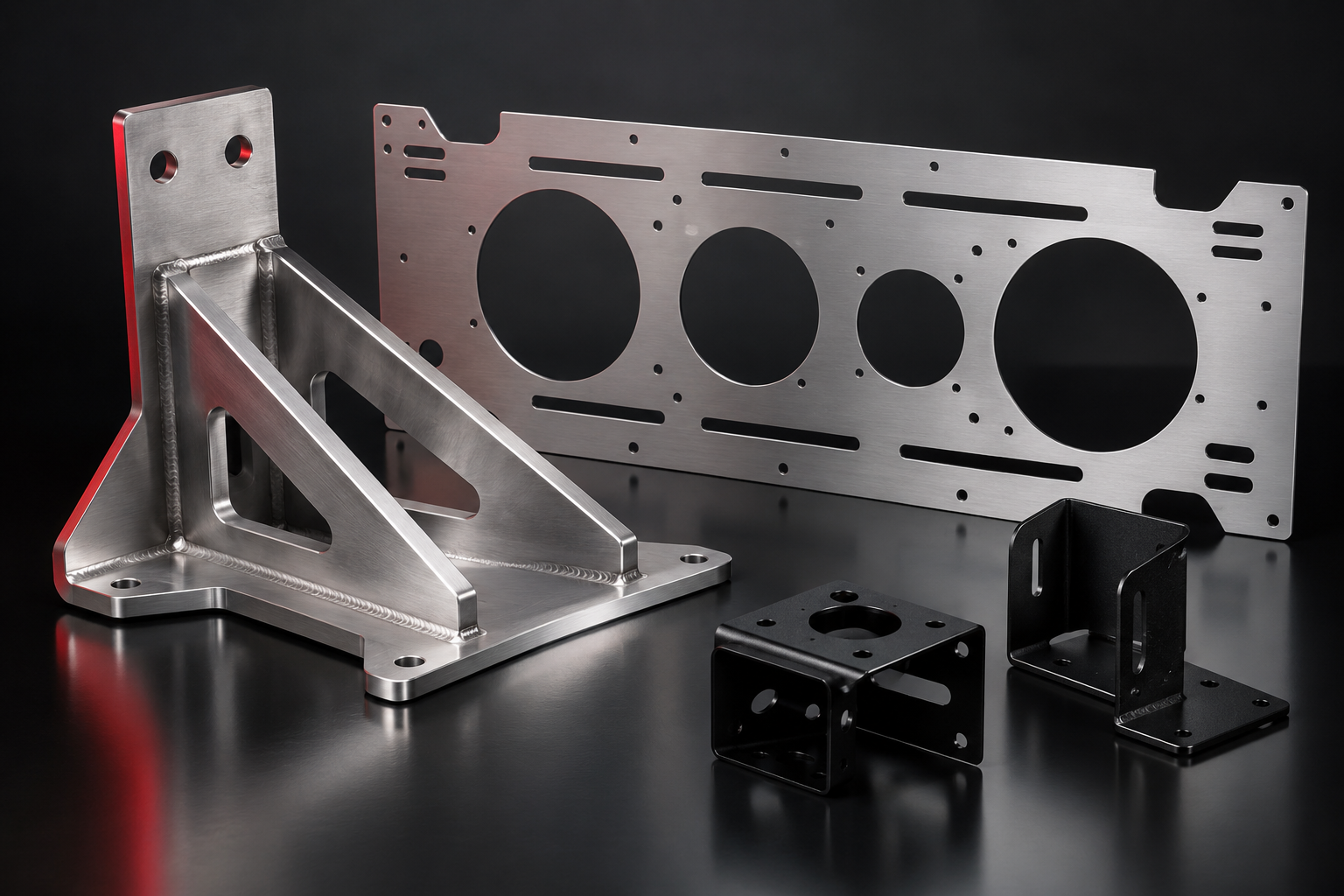 Concept view of a welded metal support, laser-cut mounting panel and black finished brackets