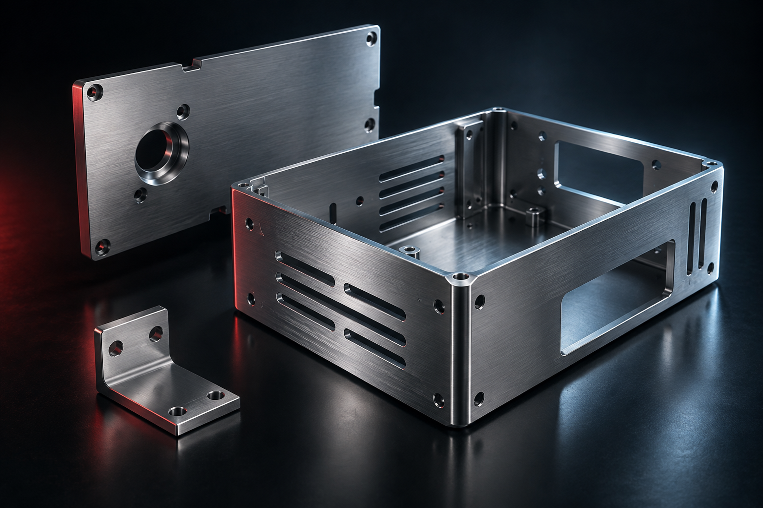 Concept render of brushed metal components: an enclosure, machined plate and formed bracket
